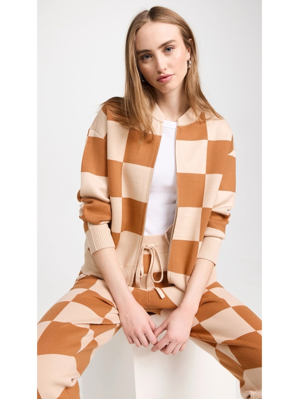 MONROW Checkerboard Knit Bomber Jacket L Brown Cream Full Zip NWT